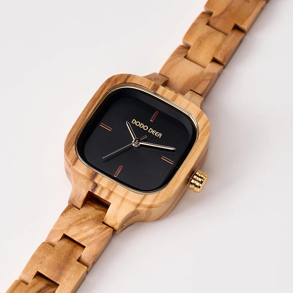 Women’s Wooden Quartz Wristwatch With Square Face - Black Numberless Analog Display