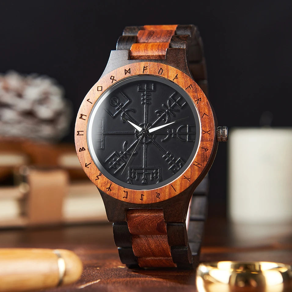 Men's Wooden Wristwatch - Viking Face Style - Gift Idea for Men