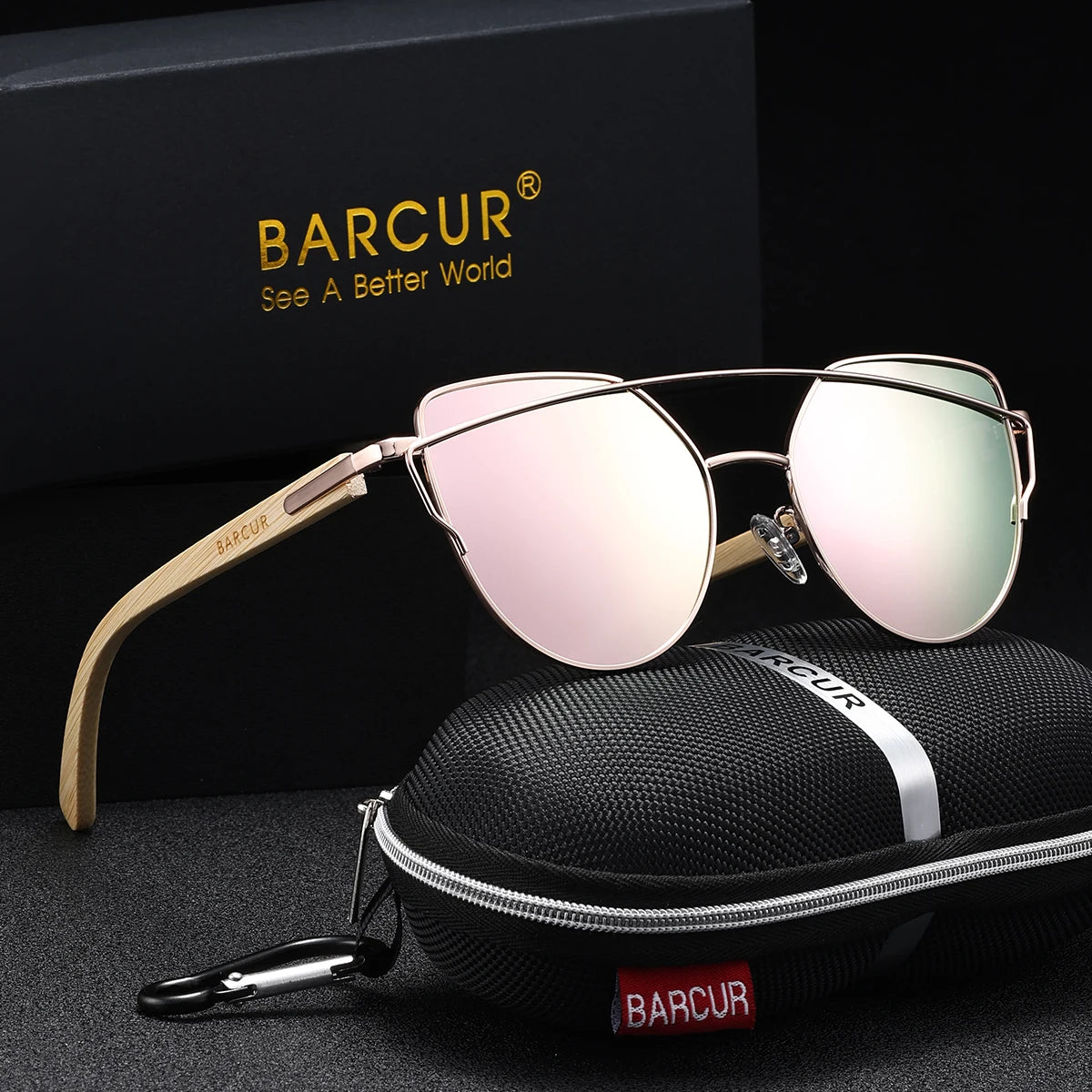 Women’s Sunglasses With Cat Eye Shaped Polarized Lenses - Stainless Steel Rims With Bamboo Legs