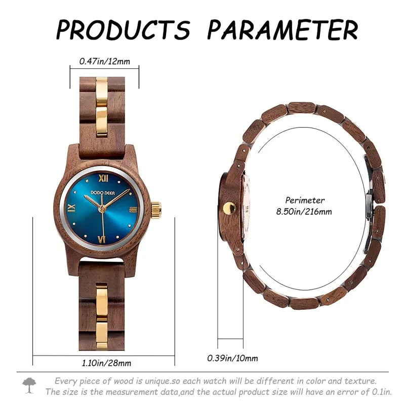 Women’s Wooden Fashion Watch - Blue Analog Face With Roman Numerals And Gold Tone