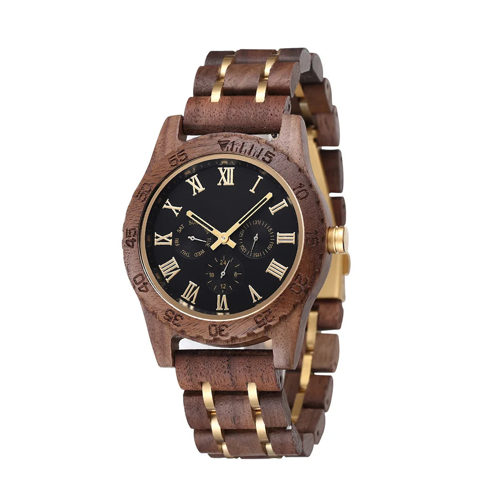 Classic Analog Wooden Wrist Watch For Men - Roman Numerals Face Quartz Movement With Day Of Week Display