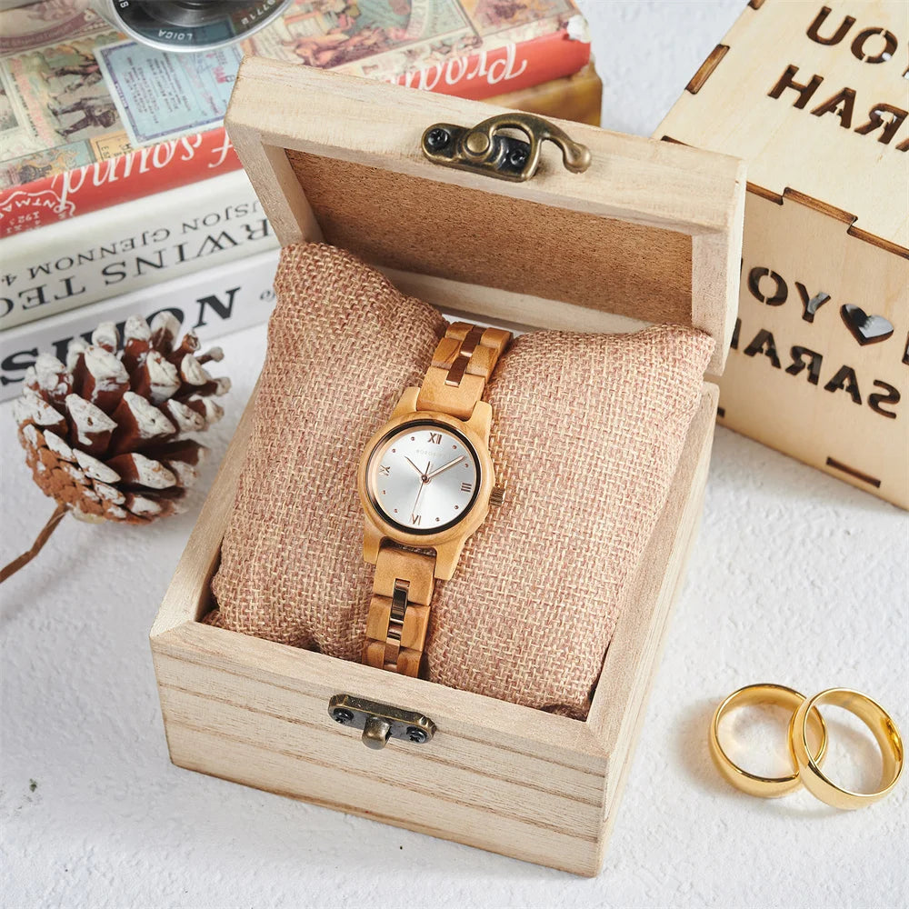 Women's Round Face Wooden Watch Fashion Quartz Watch for Ladies With Paper Gift Box