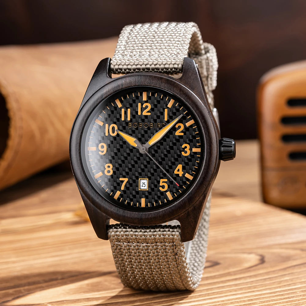 Men's Wooden Watch with Nylon Strap - Casual Wristwatch for Men - Quartz Movement & Analog Display
