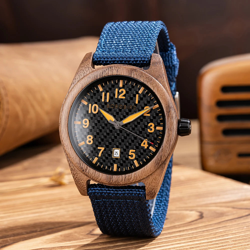 Men's Wooden Watch with Nylon Strap - Casual Wristwatch for Men - Quartz Movement & Analog Display