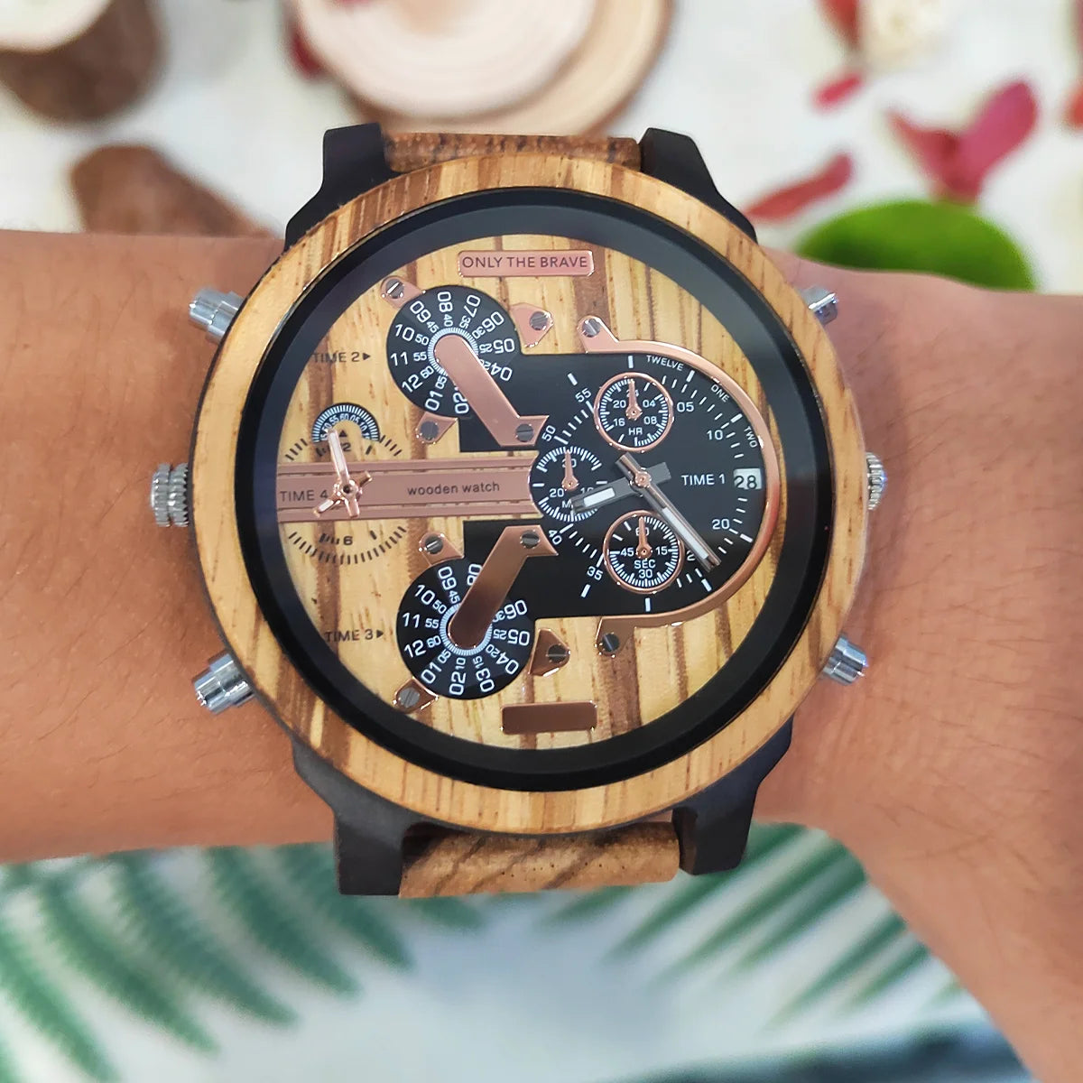 Men's Large Chronographic Dial Wooden Watch - Sports Style With Luminous Hands And Quartz Movement