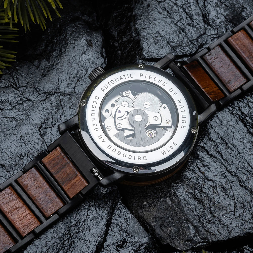 Men's Automatic Watch - Wood & Stainless Steel Combined - Mechanical Movement Self-Winding Wristwatch