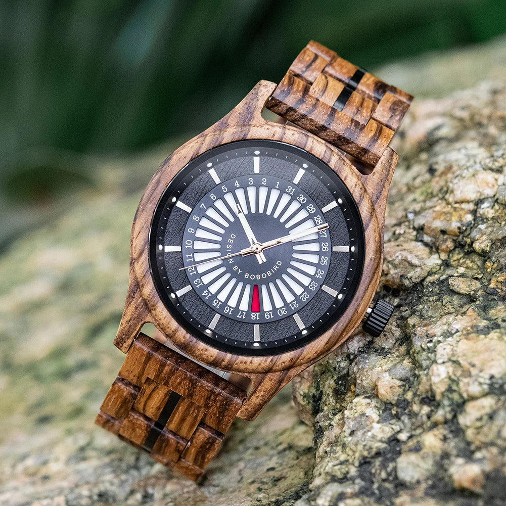 Unique Men's Wooden Watch Design - Chronographic Date Display On Face Wristwatch for Men