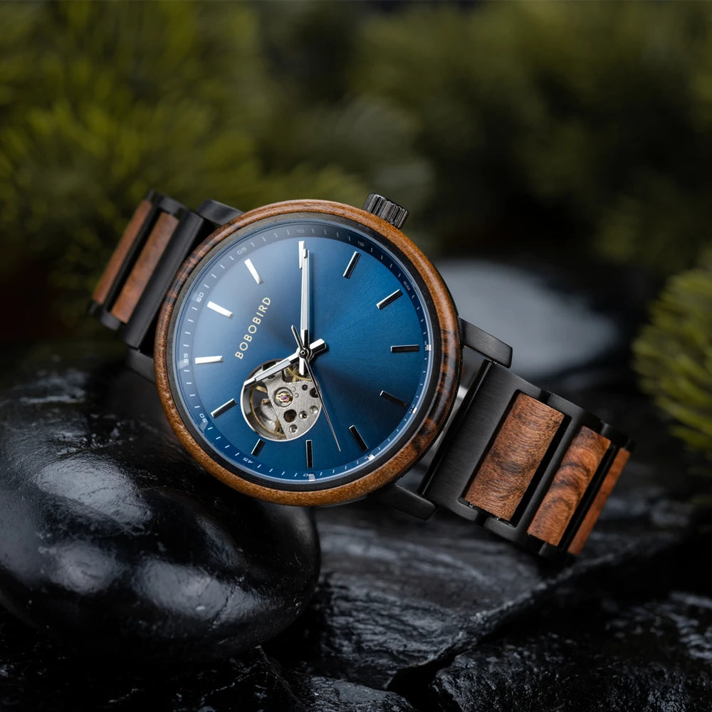 Men's Automatic Watch - Wood & Stainless Steel Combined - Mechanical Movement Self-Winding Wristwatch
