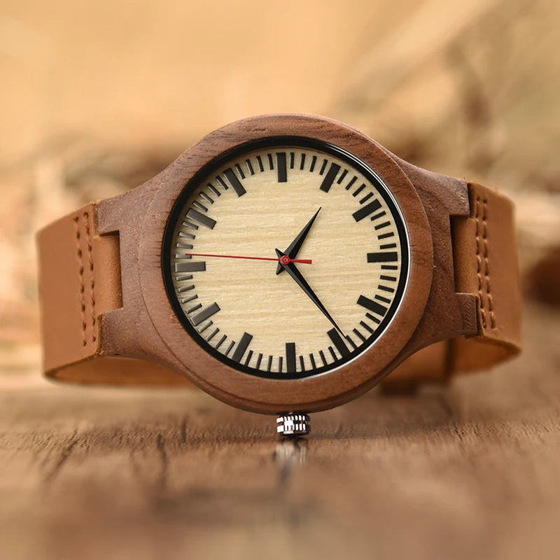 Wooden Unisex Wrist Watches - Classic Analog Quartz Movement With Tan Leather Band