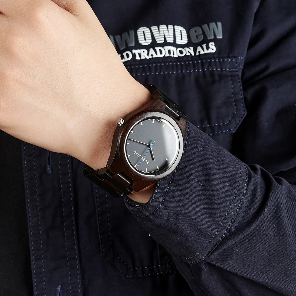 Men's Wooden Watch for Casual Dress - Wrist Watch with Ebony Wood and Analog Face
