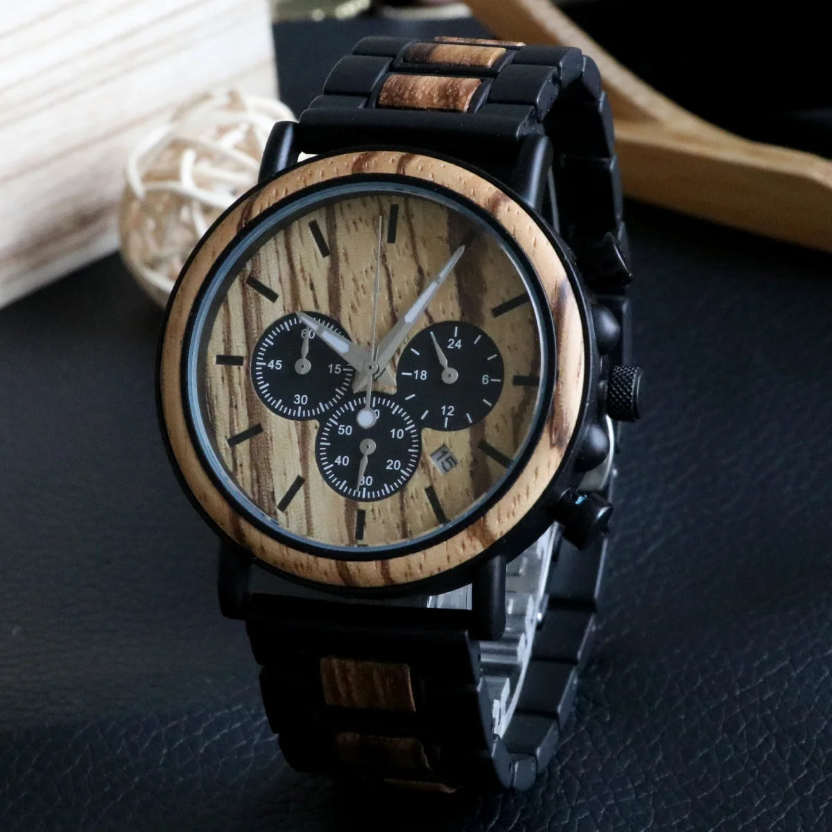 Men's Wooden Watch - Chronographic Stylish Quartz Movement with Luminous Hands