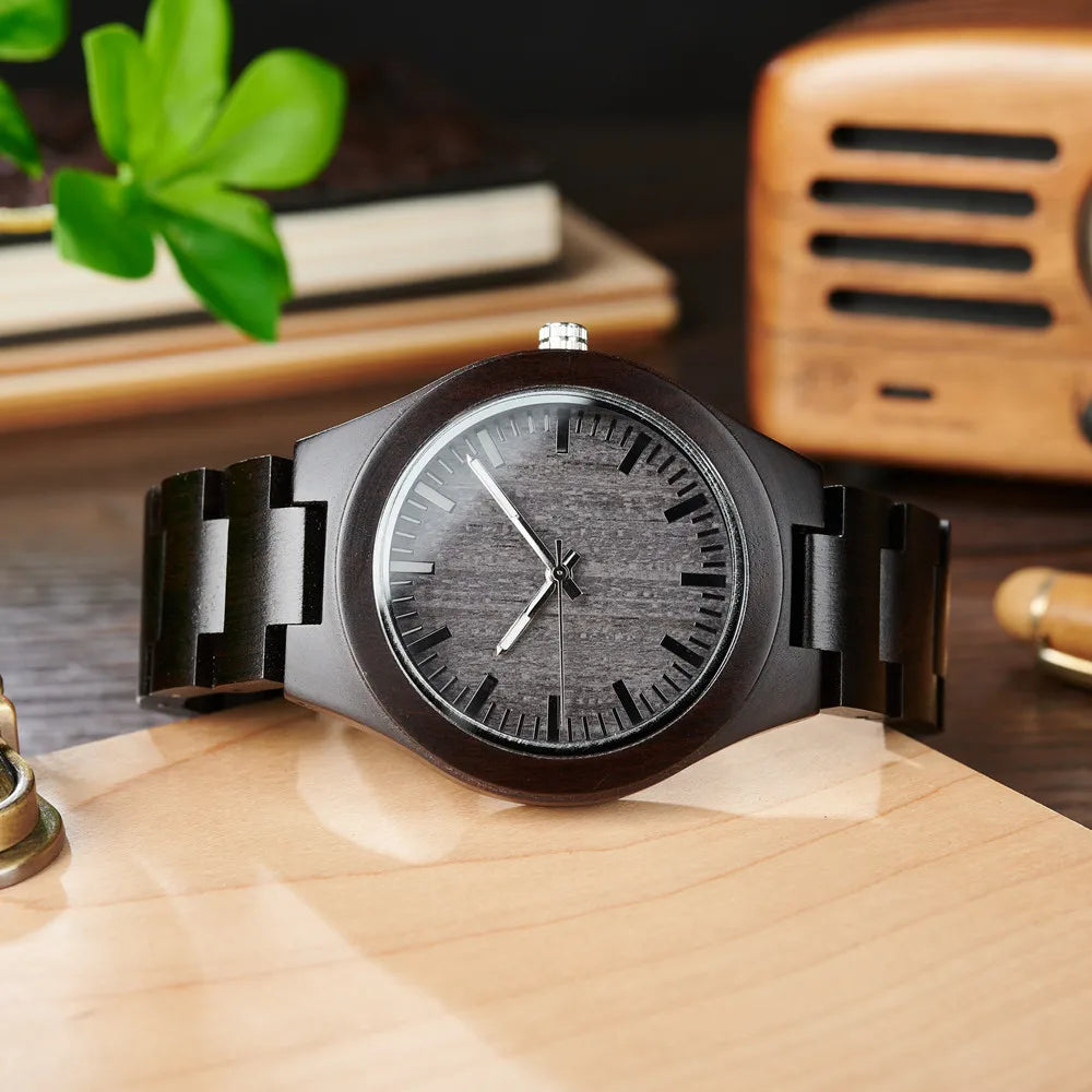 Men's Wooden Watch for Casual Dress - Wrist Watch with Ebony Wood and Analog Face