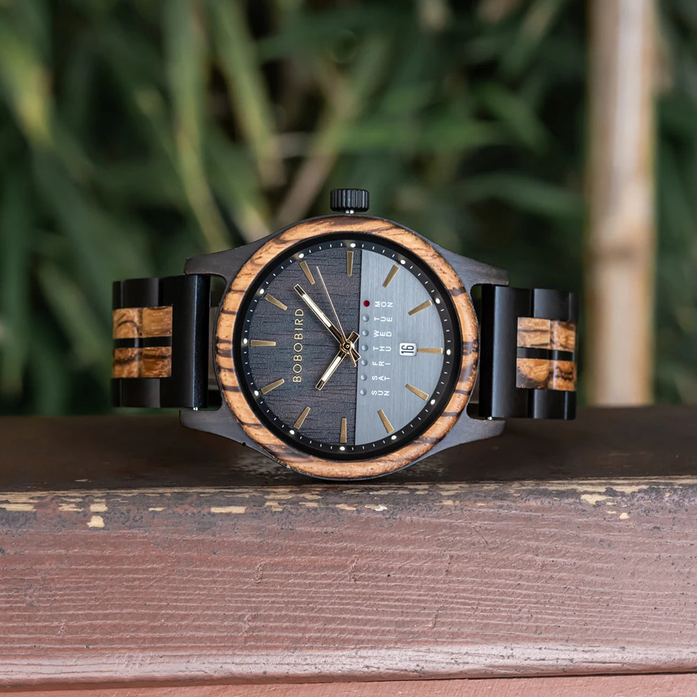 Men's Wooden Wooden Wristwatch - Quartz Movement with Week & Date Display Calendar