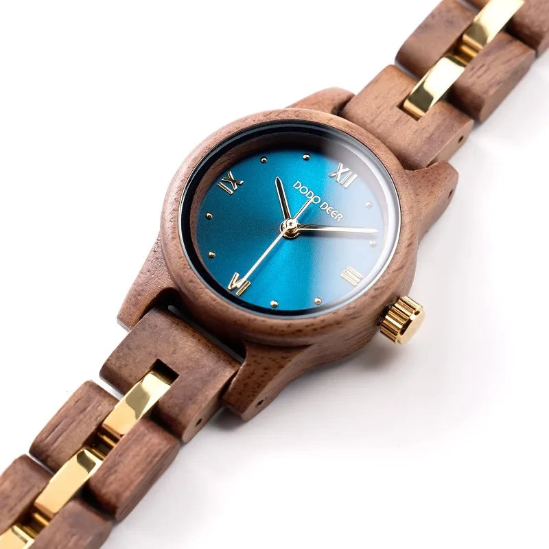 Women’s Wooden Fashion Watch - Blue Analog Face With Roman Numerals And Gold Tone