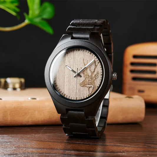 Men's Wooden Watch for Casual Dress - Wrist Watch with Ebony Wood and Analog Face