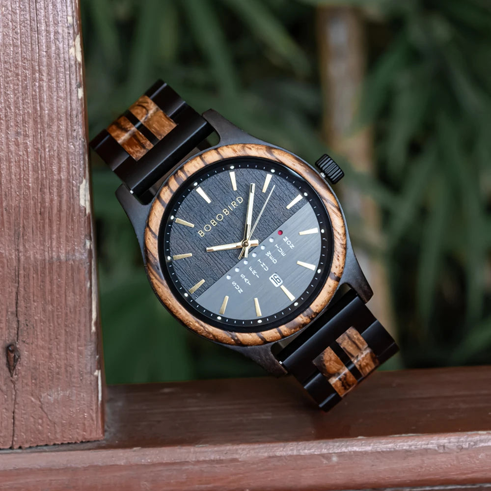 Men's Wooden Wooden Wristwatch - Quartz Movement with Week & Date Display Calendar