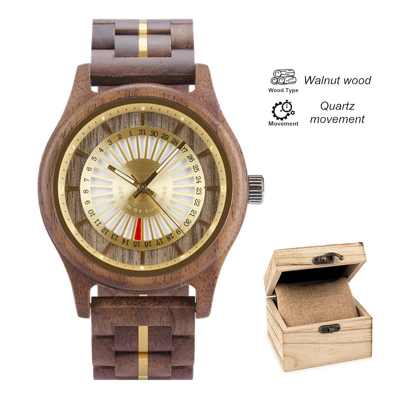 Unique Men's Wooden Watch Design - Chronographic Date Display On Face Wristwatch for Men