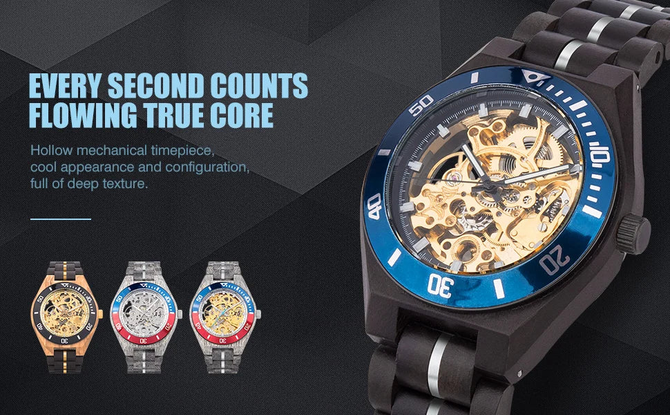 Men's Mechanical Wooden Automatic Watch - Hollow-Carved Mechanical Skeleton Wristwatch