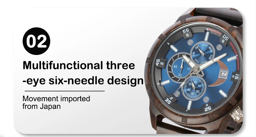 Men’s Sports Fashion Wooden Watch - Chronographic Analog Face With Luminous Hands