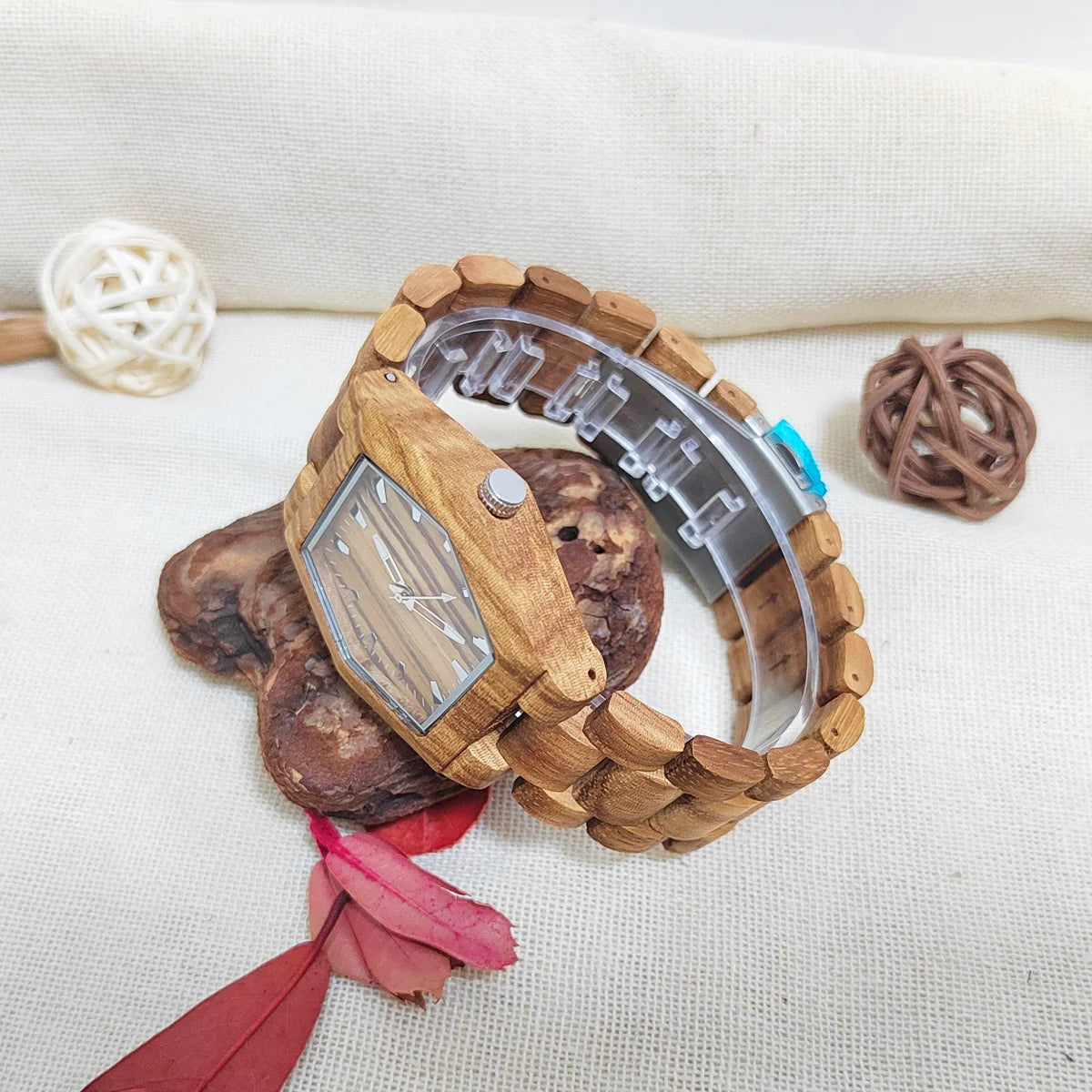 Women’s Natural Wooden Quartz Watch - Creative Hexagon Shaped Case With Luminous Hands