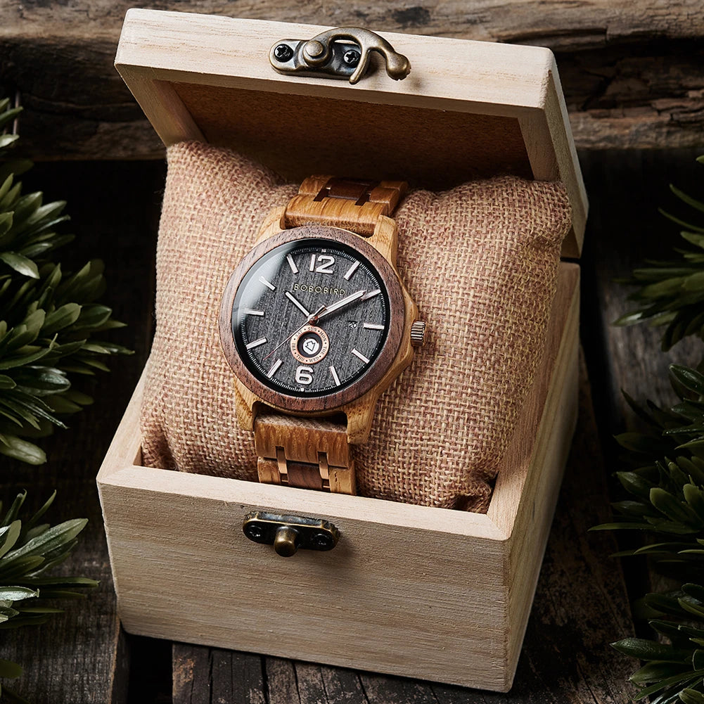 Mens Wooden Watch - Analog Watch for Men With Gift Box - Round Face Quartz Movement