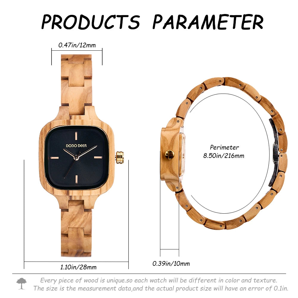 Women’s Wooden Quartz Wristwatch With Square Face - Black Numberless Analog Display