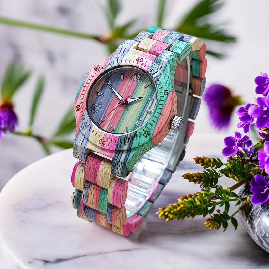 Women’s Elegant Colorful Natural Bamboo Wooden Watch - Fashionable Color Band Quartz Movement Classic Analog Wristwatch For Ladies