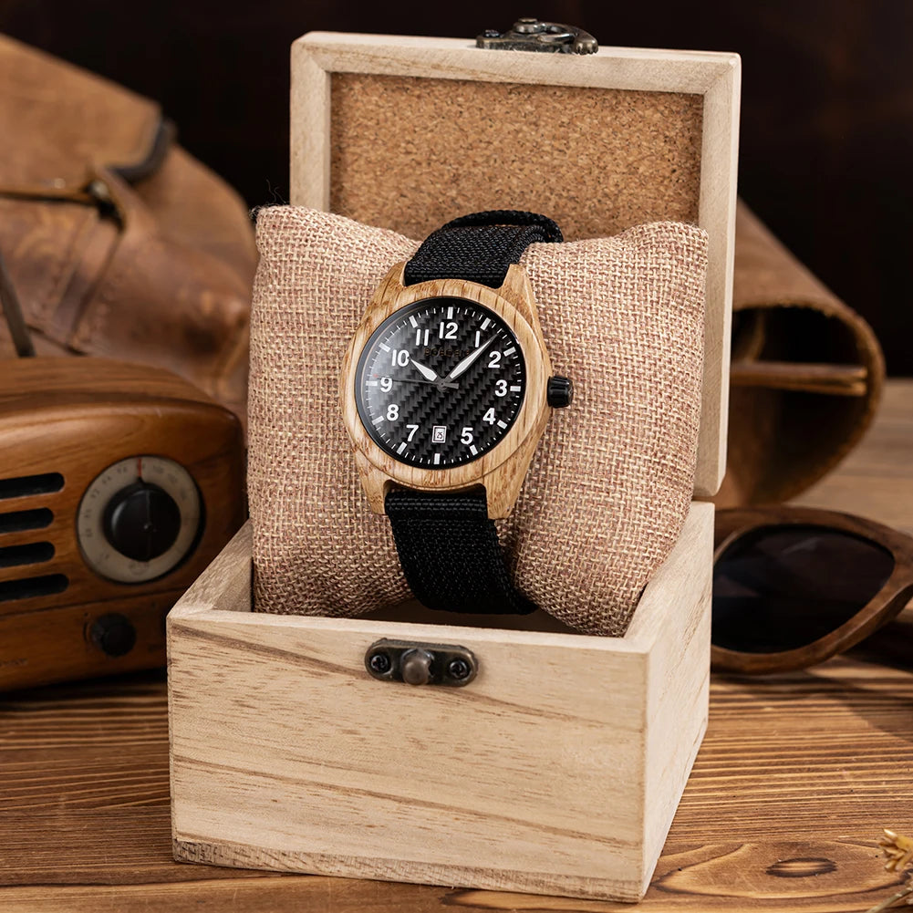 Men's Wooden Watch with Nylon Strap - Casual Wristwatch for Men - Quartz Movement & Analog Display
