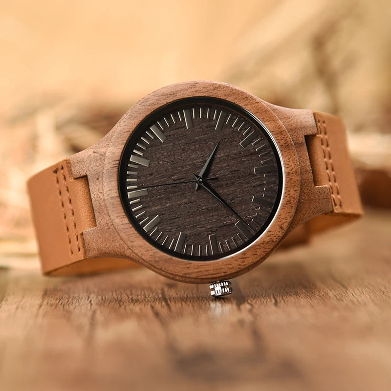Mens Wooden Face Watch With Leather Wristband - Simple Rustic Timepiece
