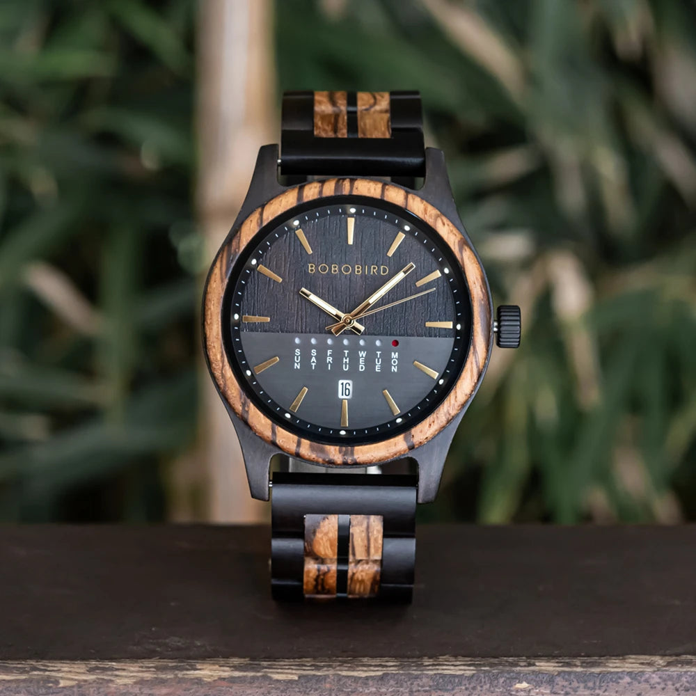 Men's Wooden Wooden Wristwatch - Quartz Movement with Week & Date Display Calendar