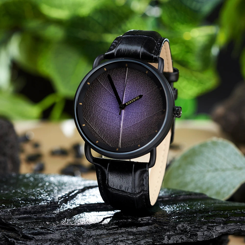 Unisex Wooden Watch With Real Leaf Dial Pattern - Fashion Wristwatch With Genuine Leather Strap For Men or Women