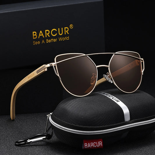 BARCUR Luxury Brand Women Polarized Sunglasses Metal Cat Eye Frame Bamboo Glasses Women Fashion UV400 Sun Shades Glasses