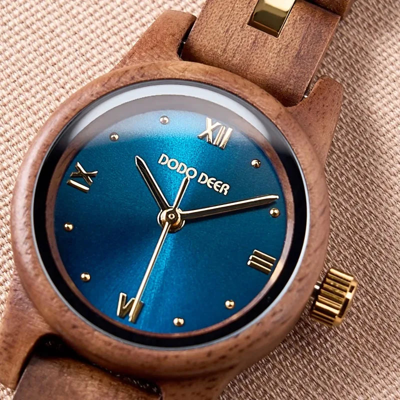 Women’s Wooden Fashion Watch - Blue Analog Face With Roman Numerals And Gold Tone