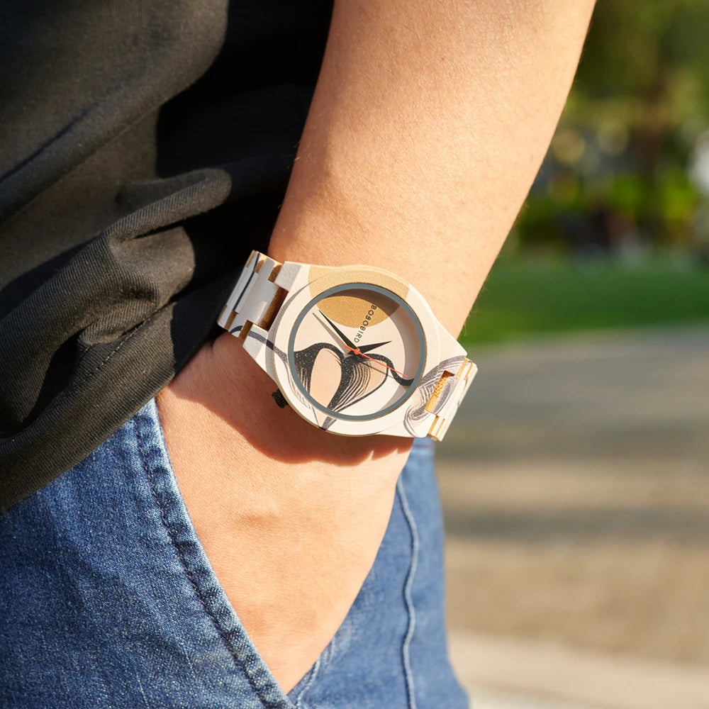 Men's Bamboo Wooden Watch with Pattern - Quartz Movement Pattern Printed Colorful Wristwatch