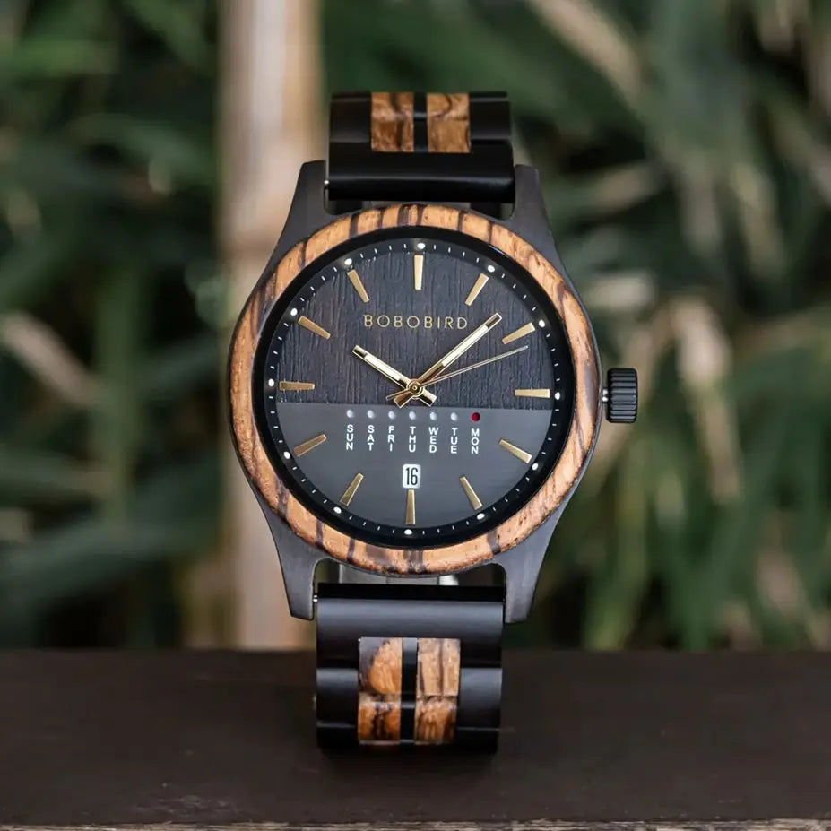 Men's Wooden Wooden Wristwatch - Quartz Movement with Week & Date Display Calendar