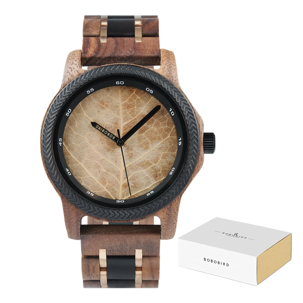 Men's Unique Leaf Dial Design Wooden Wristwatch - Quartz Movement - Analog Display