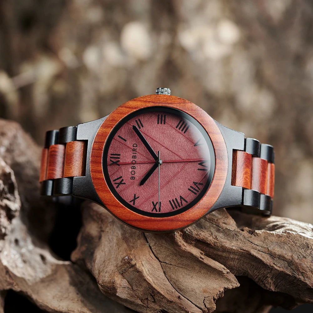 Unisex Wooden Watch With Leaf Dial Design - Classic Analog Quartz Movement Casual Dress Wristwatch for Men & Women