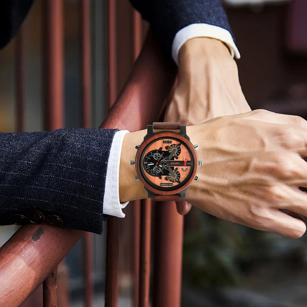 Chronographic Men’s Wooden Sports Watch - Luminous Hands With Large Face - Quartz Movement & Analog Time