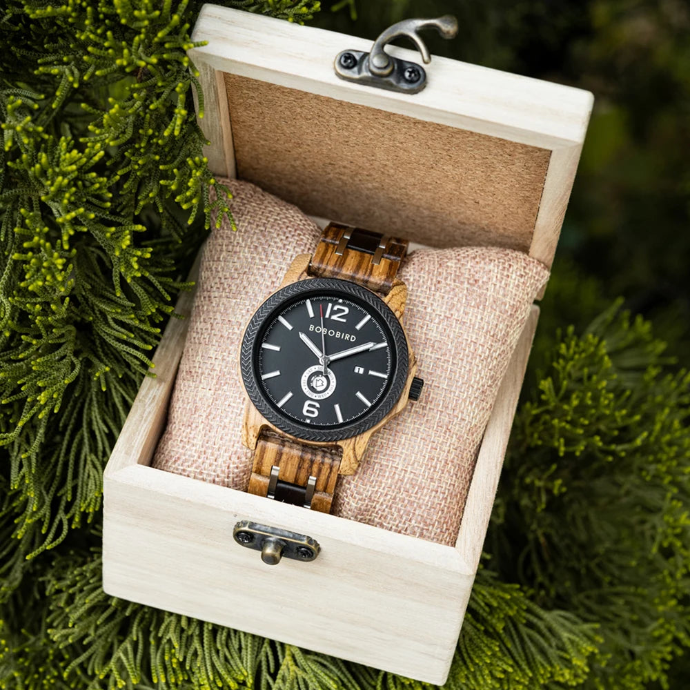 Mens Wooden Watch - Analog Watch for Men With Gift Box - Round Face Quartz Movement