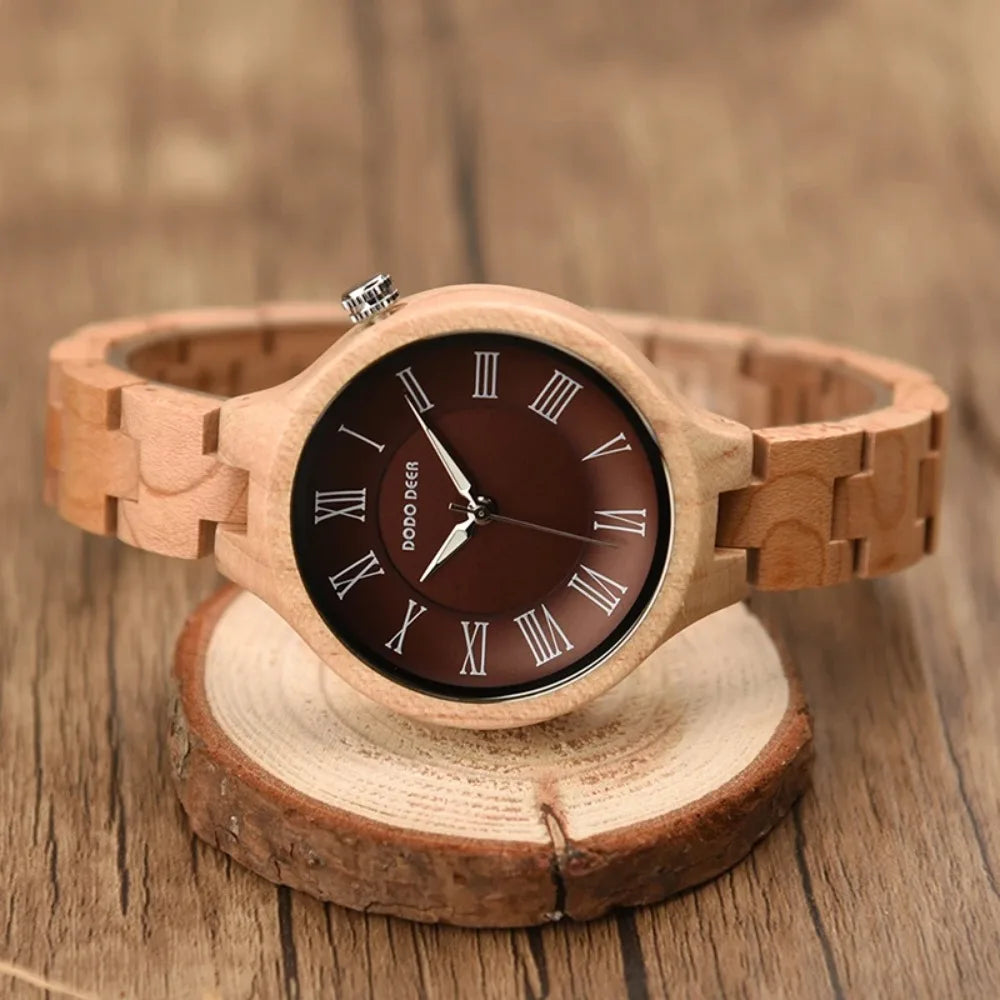 Women's Wooden Fashion Watch - Classic Retro Analog Display With Tound Face And Quartz Movement