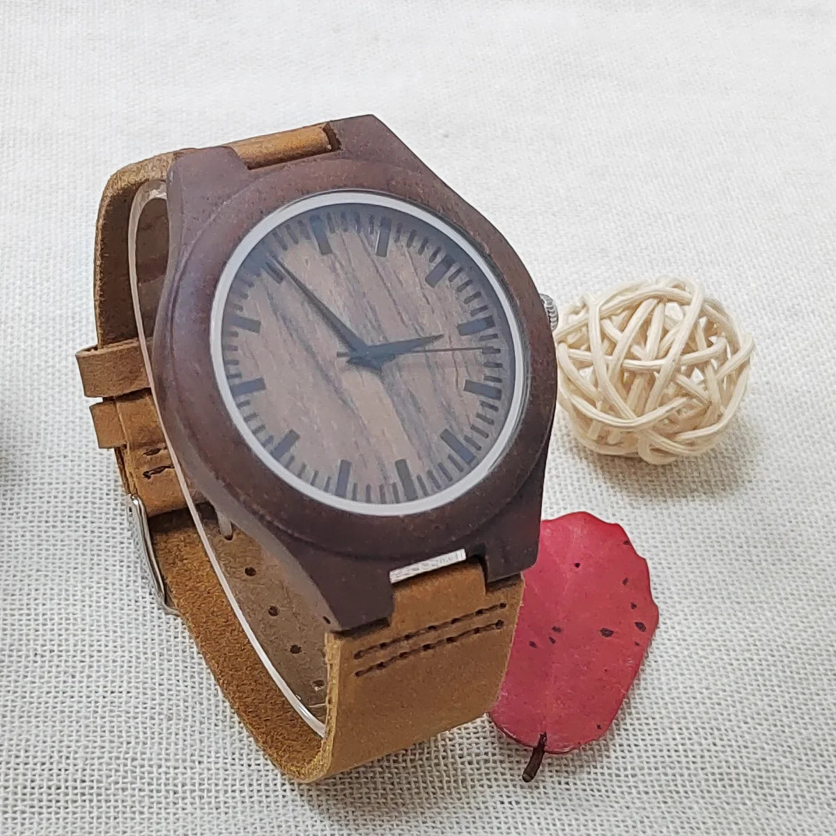 Unisex Classic Analog Face Wooden Wristwatch For Men or Women - Quartz Movement With Leather Strap