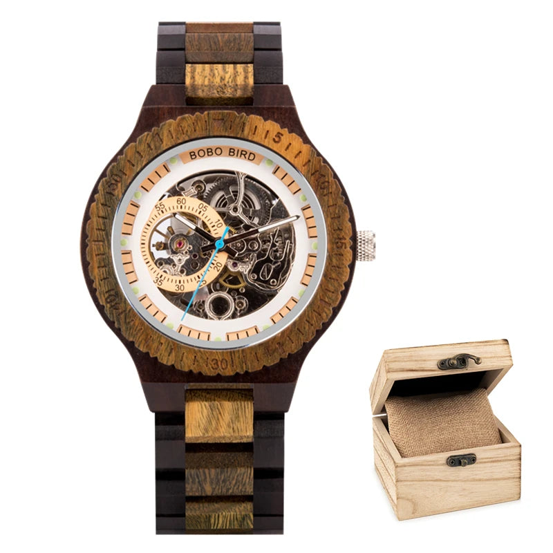 Men's Automatic Wooden Watch - Self-Wind Mechanical Skeleton Wristwatch
