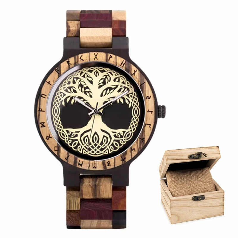 Men's Handmade Wooden Wristwatch - Viking Style Carved Round Face - Quartz Movement