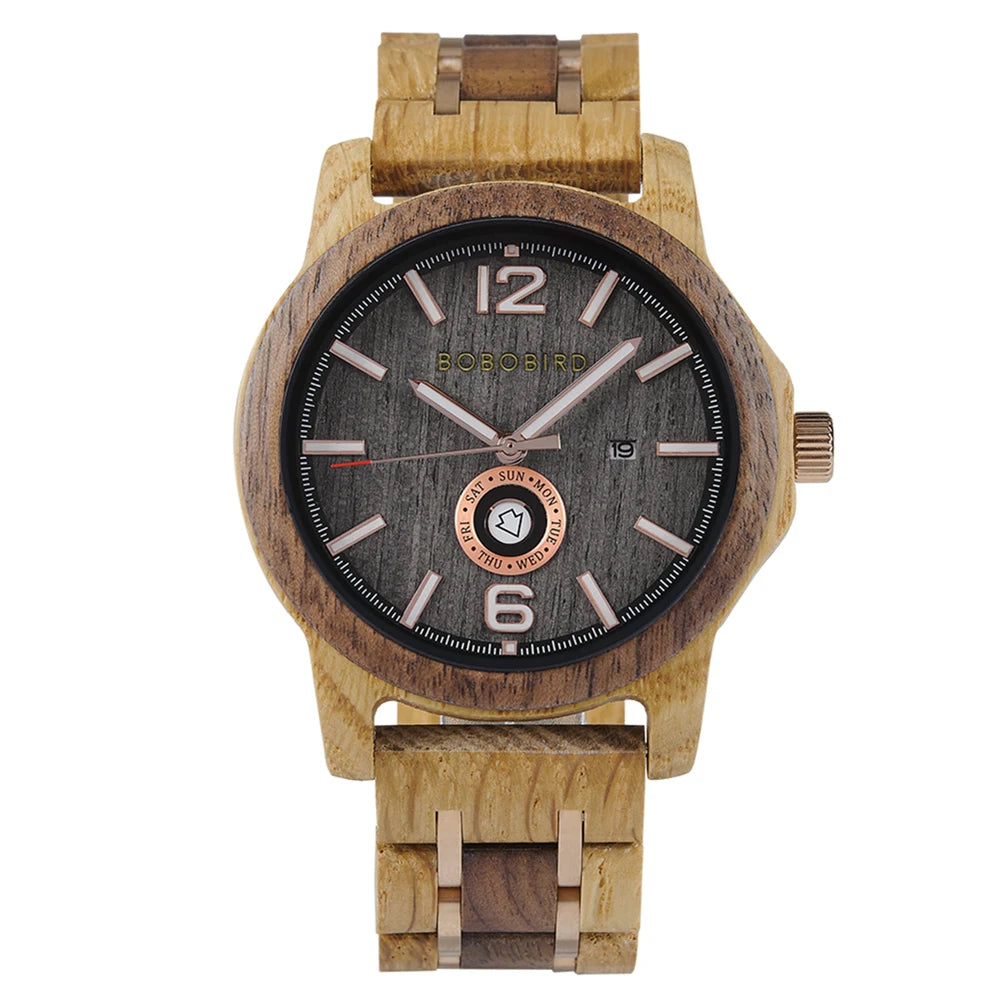 Mens Wooden Watch - Analog Watch for Men With Gift Box - Round Face Quartz Movement