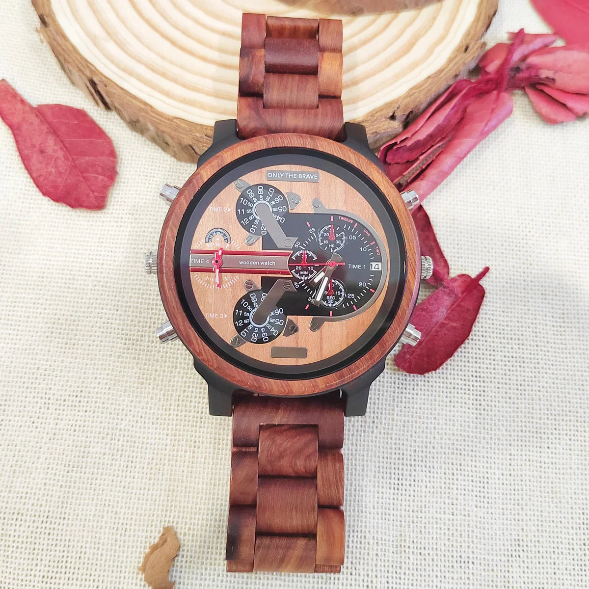 Men's Large Chronographic Dial Wooden Watch - Sports Style With Luminous Hands And Quartz Movement
