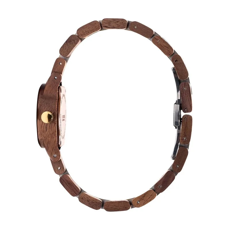 Women’s Wooden Fashion Watch - Blue Analog Face With Roman Numerals And Gold Tone