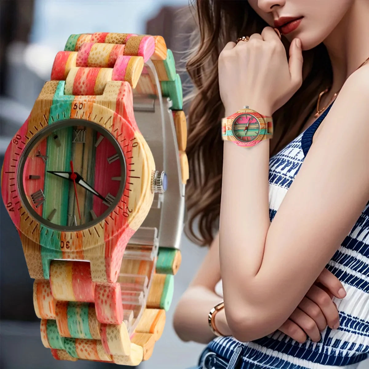 Women's Multicolor Natural Bamboo Wooden Watch - Classic Quartz Movement Analog Wristwatch for Ladies
