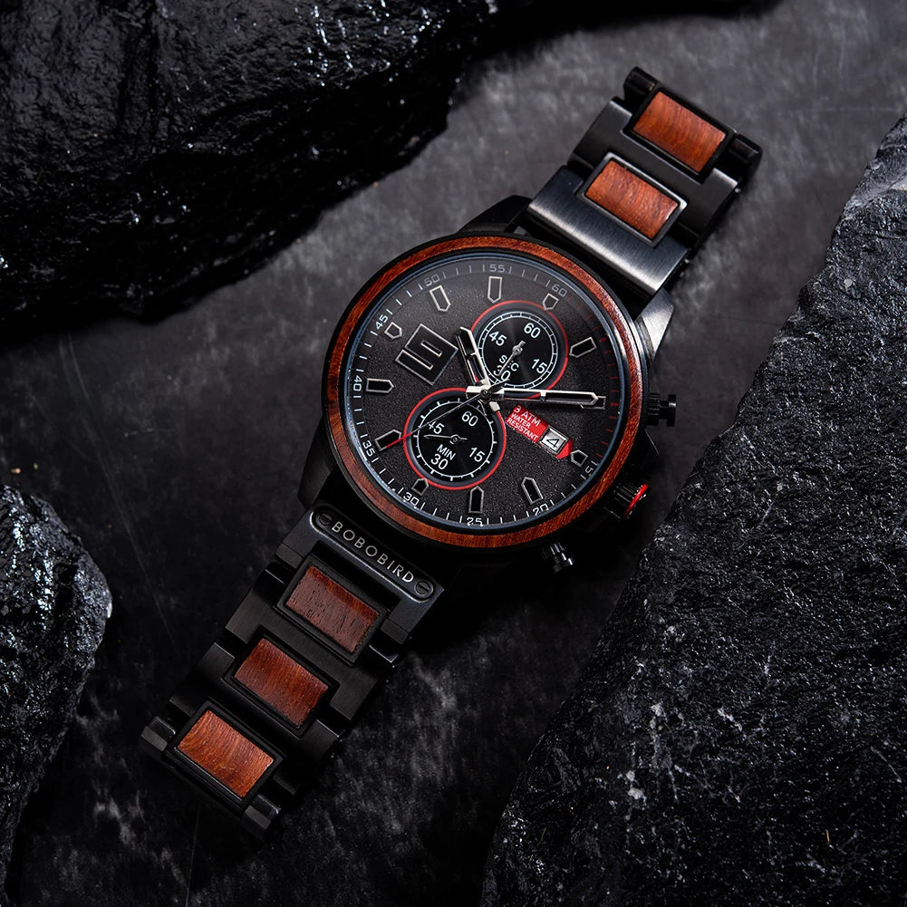 Men's Stylish Wood & Stainless Steel Combination Watch - Quartz Movement Chronographic Date & Time Face