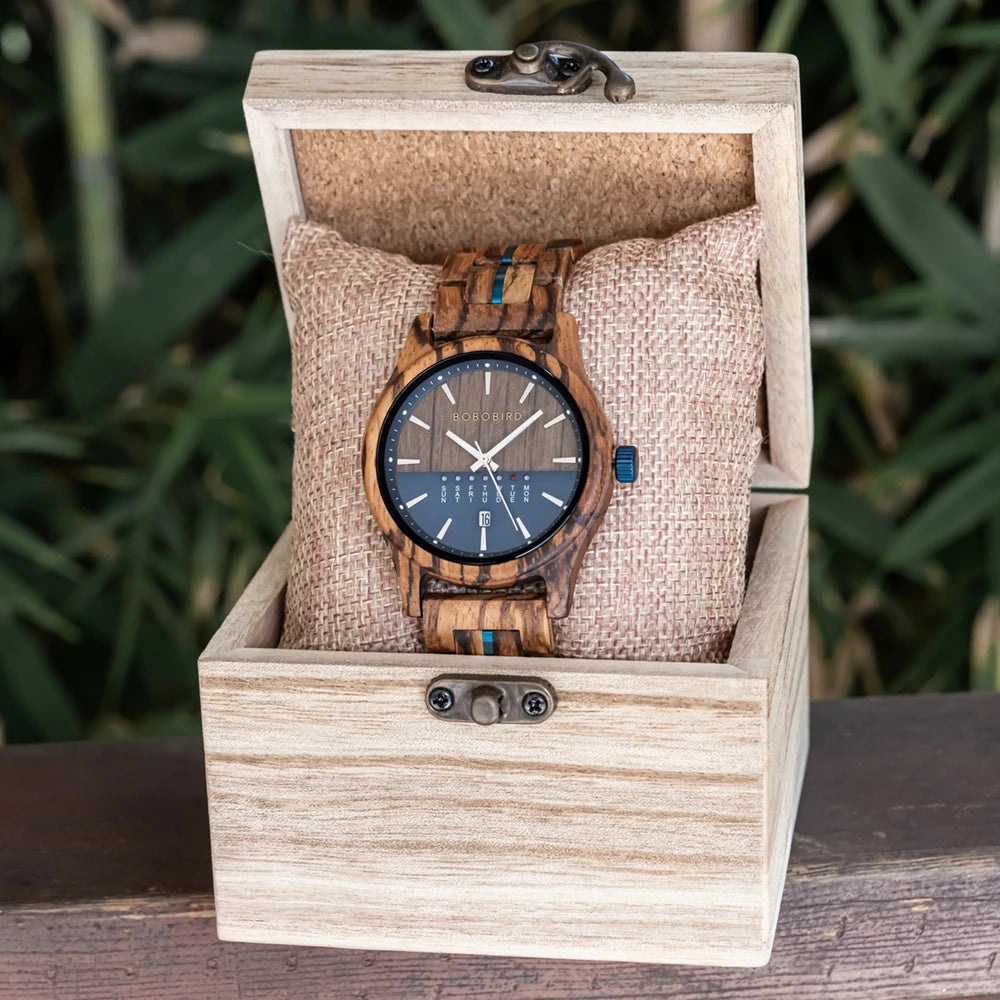 Men's Wooden Wooden Wristwatch - Quartz Movement with Week & Date Display Calendar