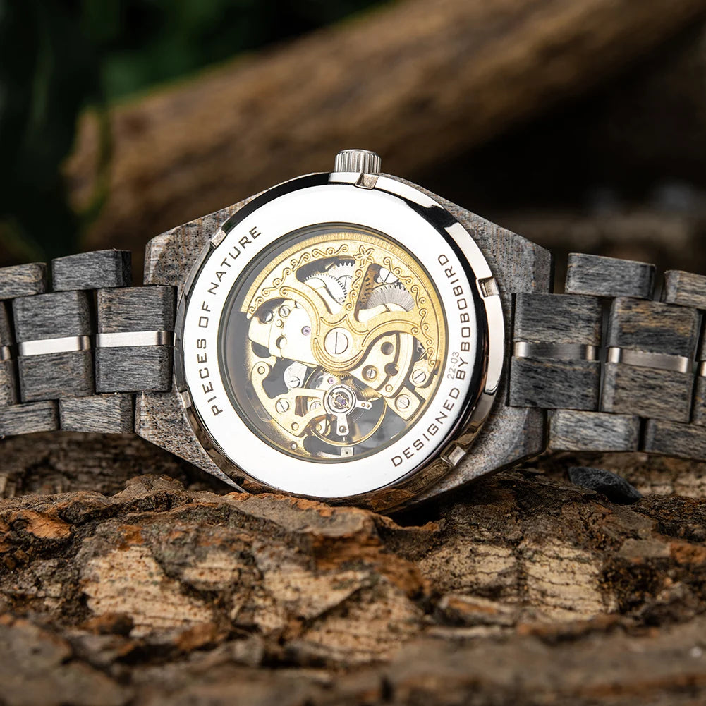 Men's Mechanical Wooden Automatic Watch - Hollow-Carved Mechanical Skeleton Wristwatch